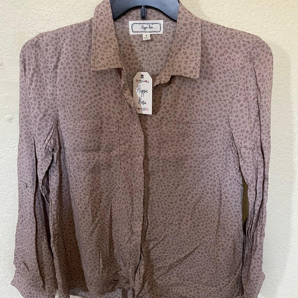 Hippie Rose Floral Button Down Shirt Woman's S NWT Mauve Pink Long Sleeve